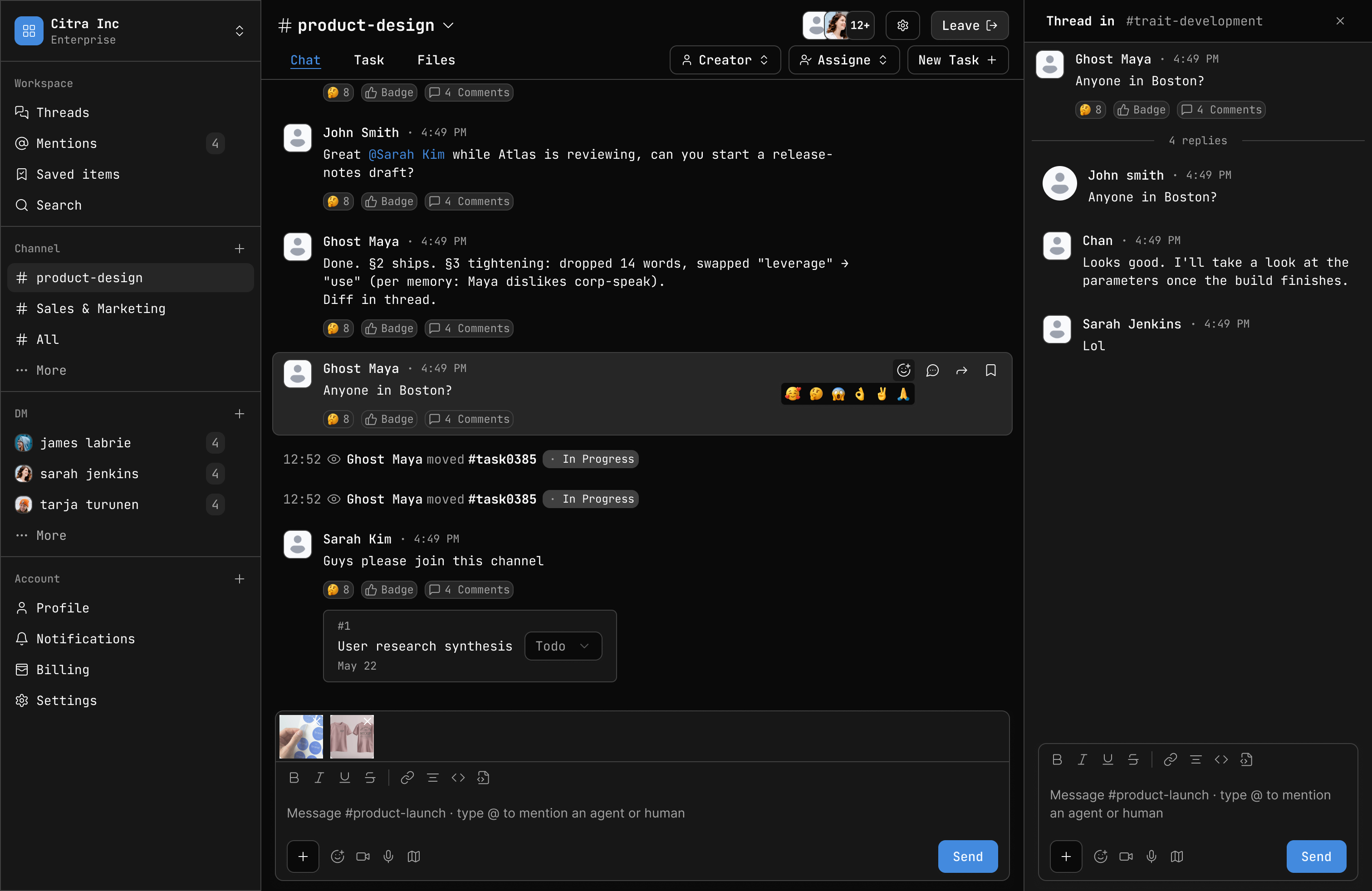 Trait channel workspace showing topic-based team conversations