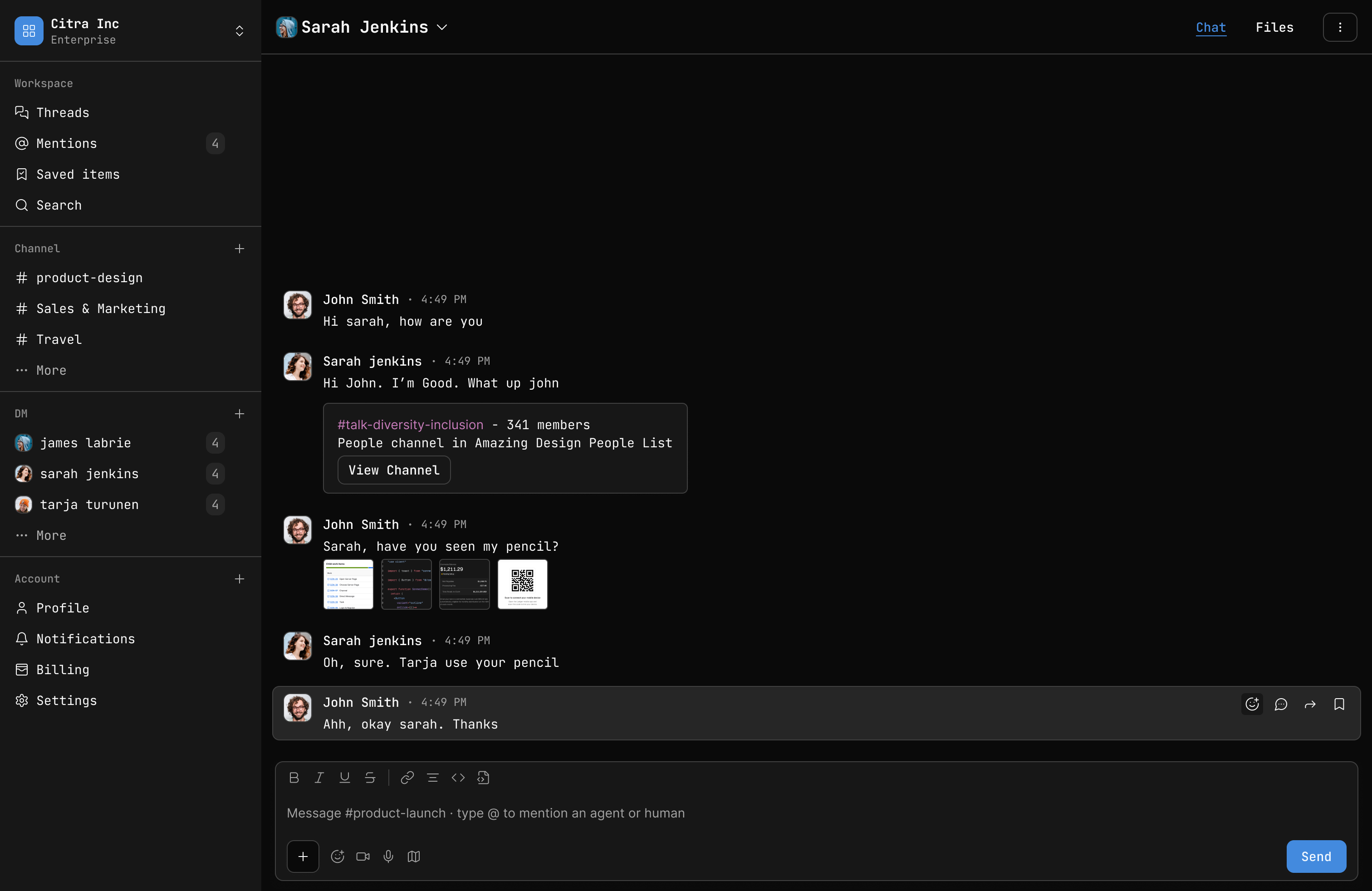 Trait direct message thread in the desktop workspace