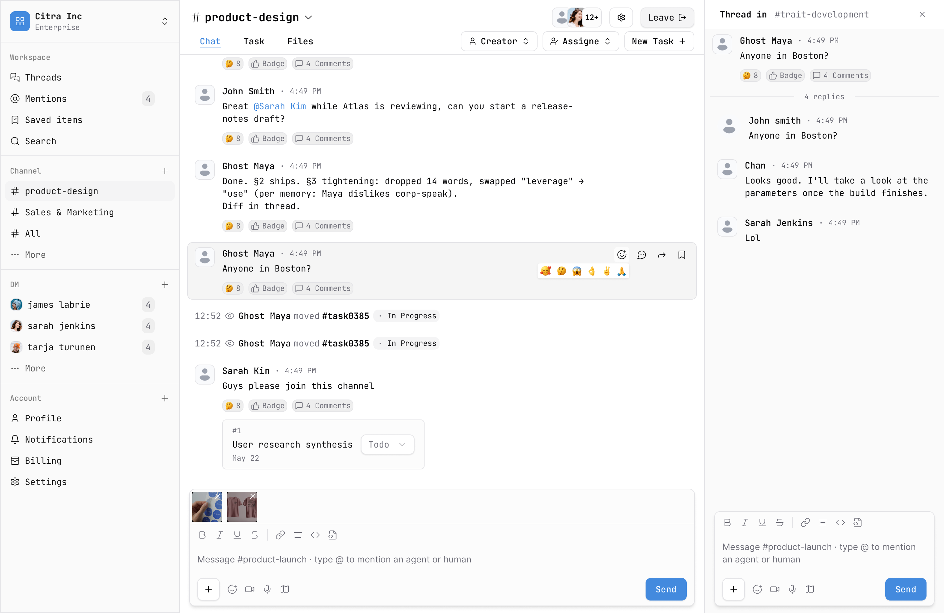 Trait channel workspace showing topic-based team conversations