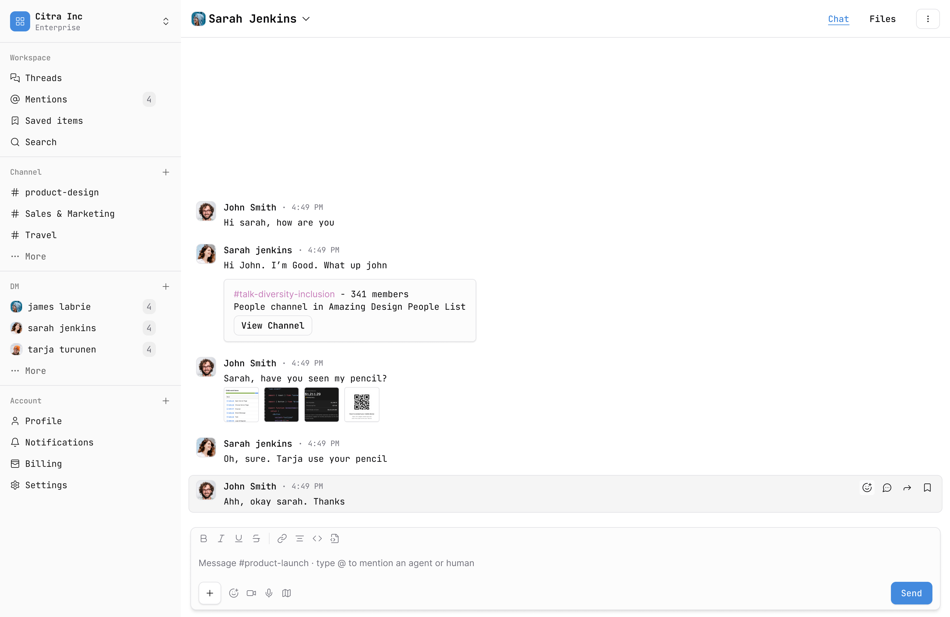 Trait direct message thread in the desktop workspace