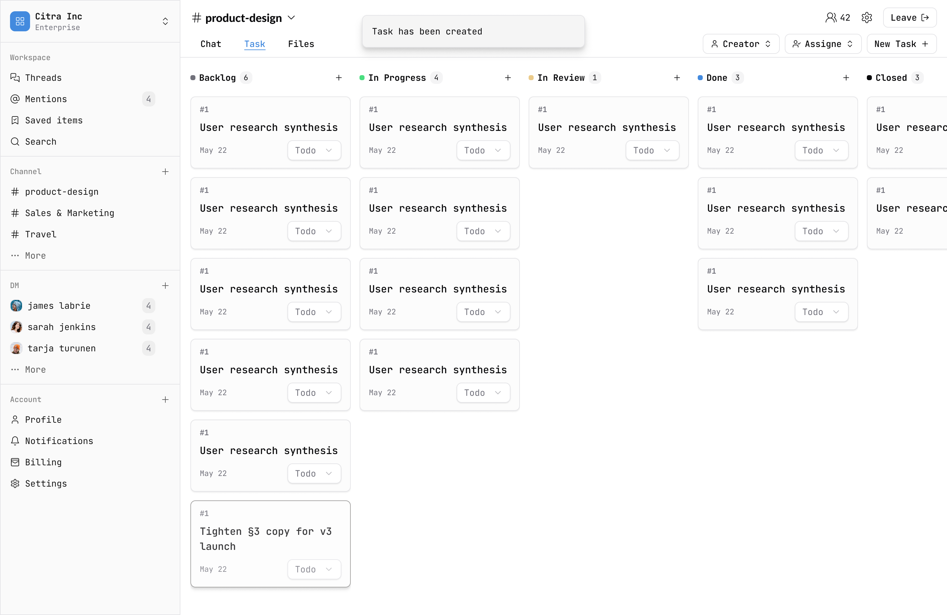 Trait task board inside the desktop workspace